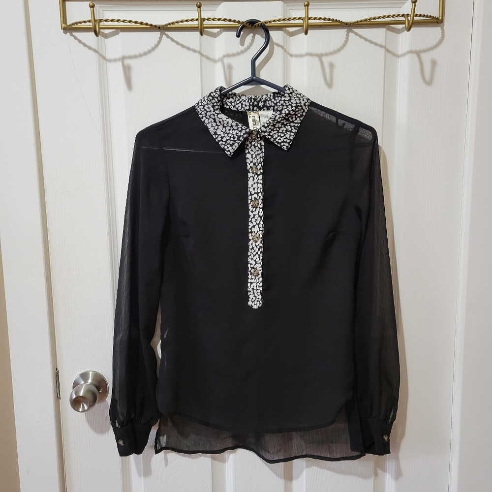 Vintage y2k Mimi Chica black sheer blouse white cheetah contrast collar XS